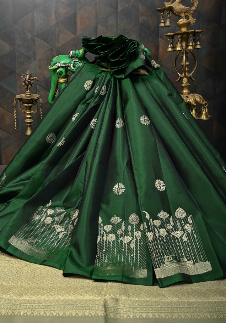Dark Green Kanjivaram Silk Saree with Zari buttas and Distinct Bloom, Boat Motifs on Border | SILK MARK CERTIFIED