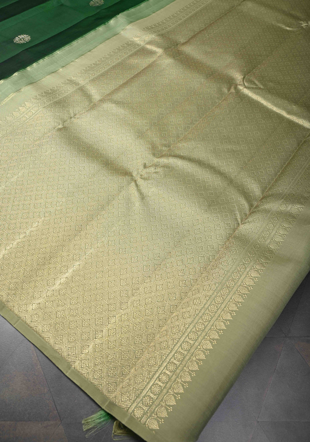 Dark Green Kanjivaram Silk Saree with Zari buttas and Distinct Bloom, Boat Motifs on Border | SILK MARK CERTIFIED