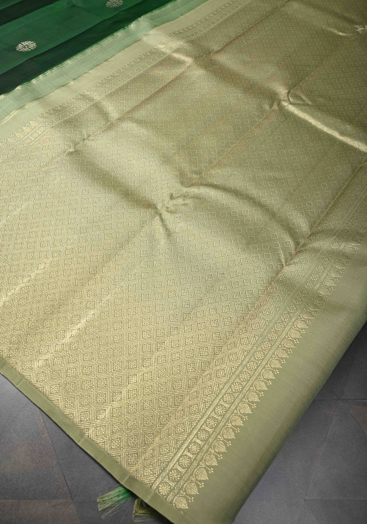 Dark Green Kanjivaram Silk Saree with Zari buttas and Distinct Bloom, Boat Motifs on Border | SILK MARK CERTIFIED