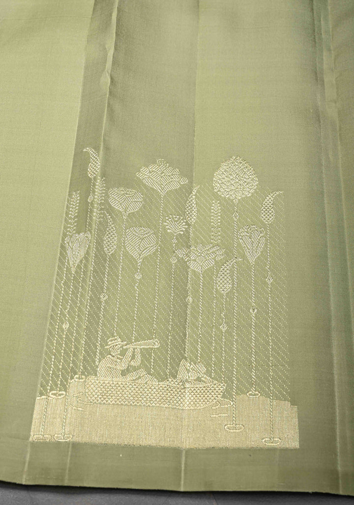 Dark Green Kanjivaram Silk Saree with Zari buttas and Distinct Bloom, Boat Motifs on Border | SILK MARK CERTIFIED