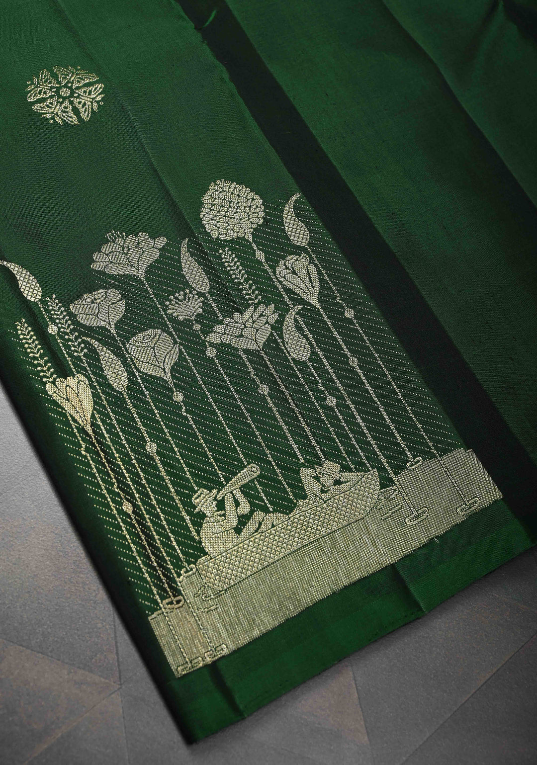 Dark Green Kanjivaram Silk Saree with Zari buttas and Distinct Bloom, Boat Motifs on Border | SILK MARK CERTIFIED