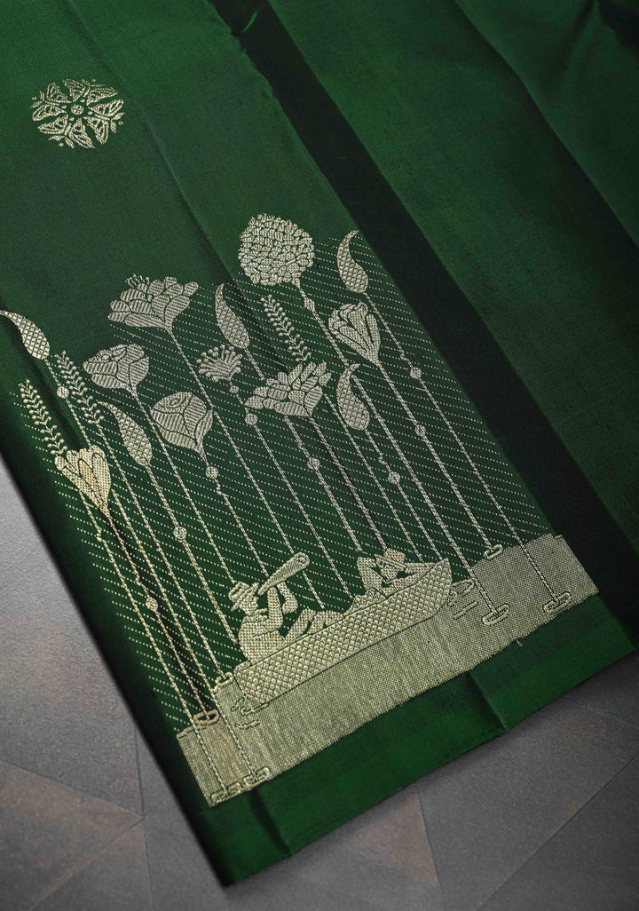 Dark Green Kanjivaram Silk Saree with Zari buttas and Distinct Bloom, Boat Motifs on Border | SILK MARK CERTIFIED