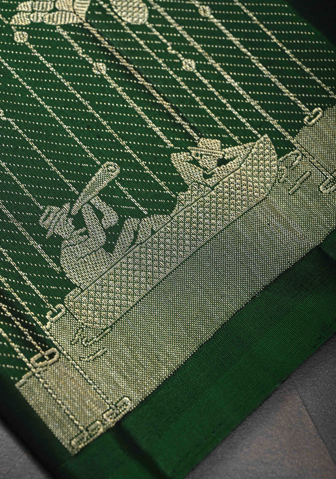 Dark Green Kanjivaram Silk Saree with Zari buttas and Distinct Bloom, Boat Motifs on Border | SILK MARK CERTIFIED