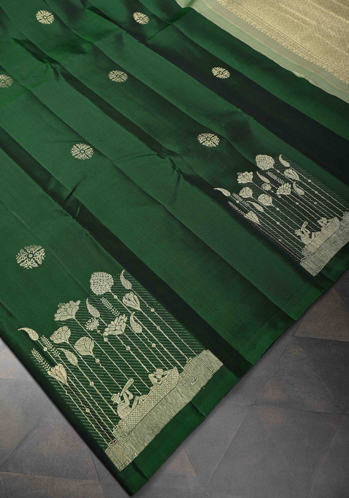 Dark Green Kanjivaram Silk Saree with Zari buttas and Distinct Bloom, Boat Motifs on Border | SILK MARK CERTIFIED