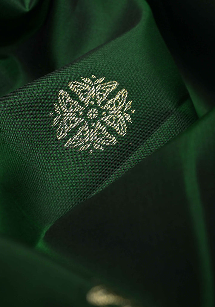 Dark Green Kanjivaram Silk Saree with Zari buttas and Distinct Bloom, Boat Motifs on Border | SILK MARK CERTIFIED