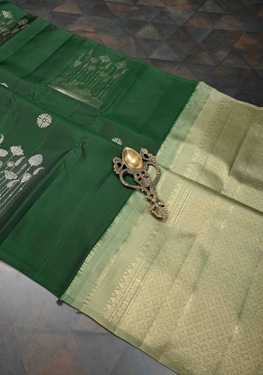 Dark Green Kanjivaram Silk Saree with Zari buttas and Distinct Bloom, Boat Motifs on Border | SILK MARK CERTIFIED