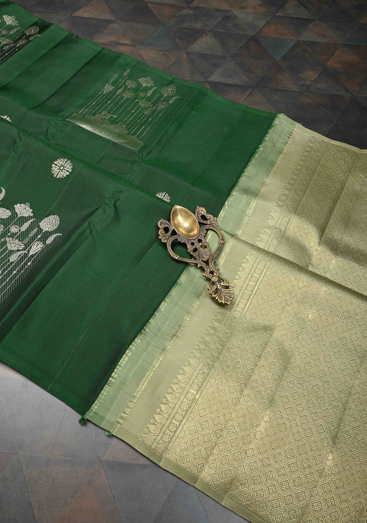 Dark Green Kanjivaram Silk Saree with Zari buttas and Distinct Bloom, Boat Motifs on Border | SILK MARK CERTIFIED