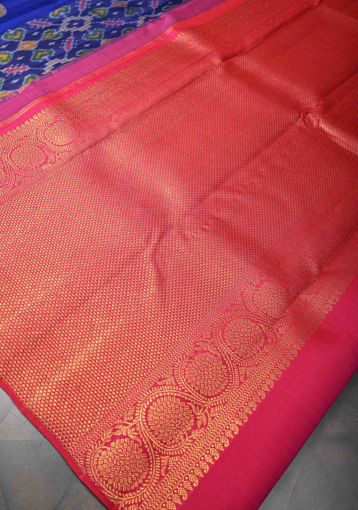 Borderless Navy Blue Ikkat Panel Kanjivaram Silk Saree With Floral Alfi Buttas | SILK MARK CERTIFIED