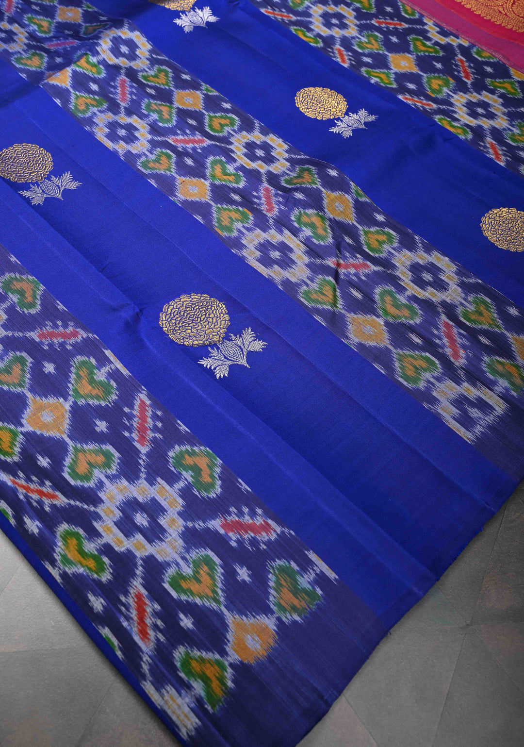 Borderless Navy Blue Ikkat Panel Kanjivaram Silk Saree With Floral Alfi Buttas | SILK MARK CERTIFIED