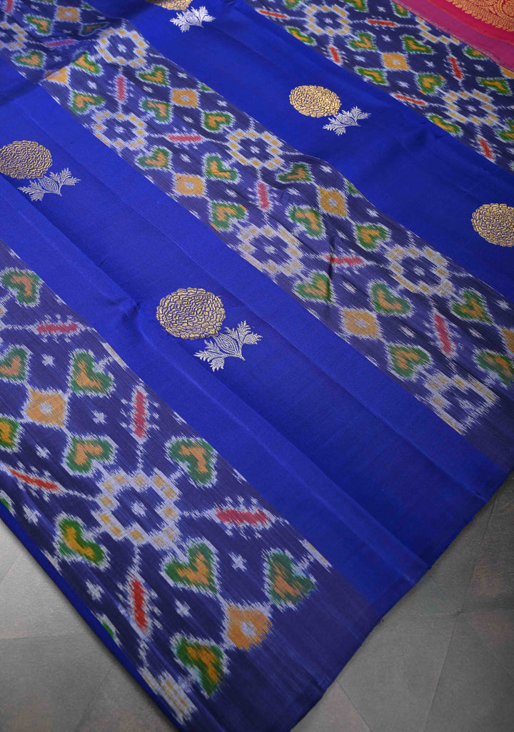 Borderless Navy Blue Ikkat Panel Kanjivaram Silk Saree With Floral Alfi Buttas | SILK MARK CERTIFIED