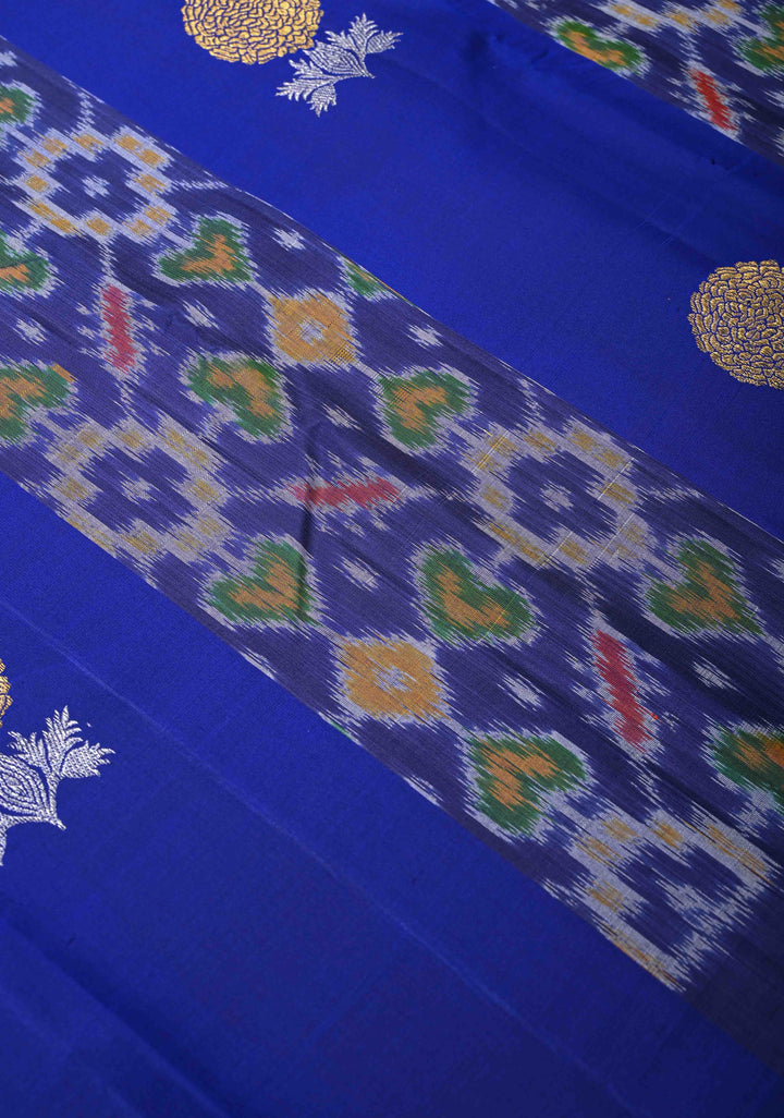 Borderless Navy Blue Ikkat Panel Kanjivaram Silk Saree With Floral Alfi Buttas | SILK MARK CERTIFIED