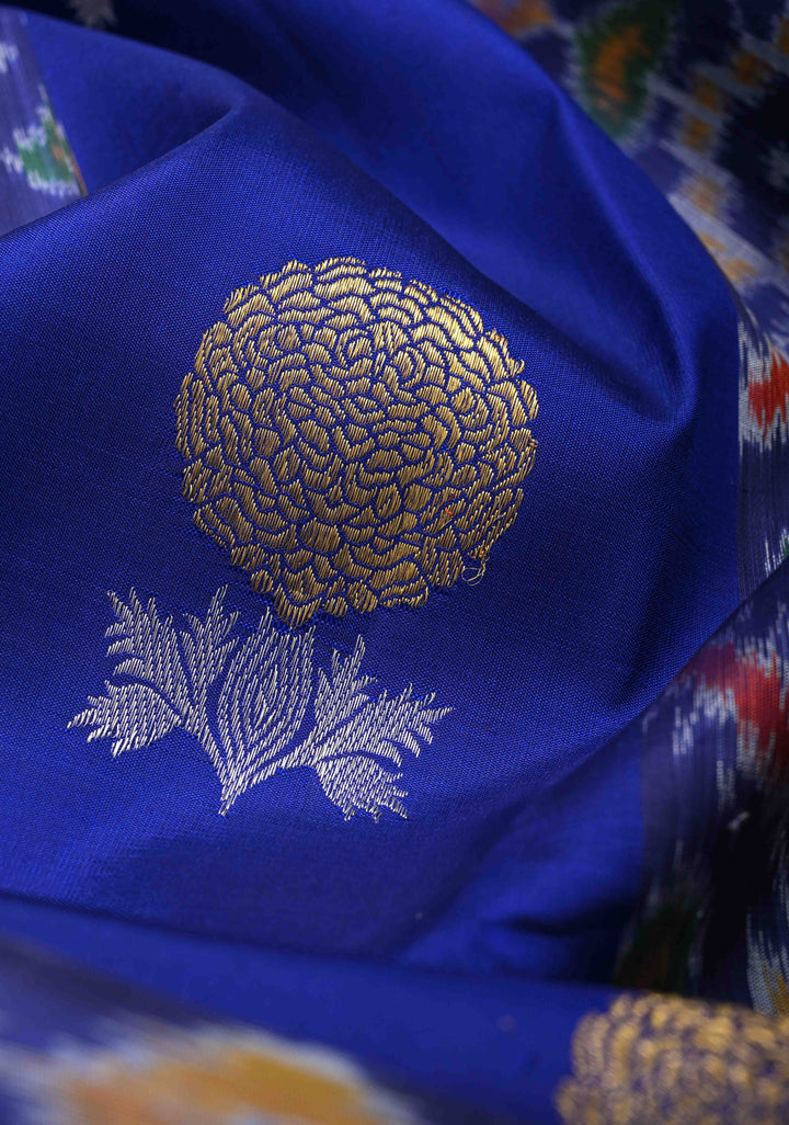 Borderless Navy Blue Ikkat Panel Kanjivaram Silk Saree With Floral Alfi Buttas | SILK MARK CERTIFIED