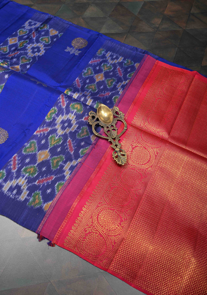 Borderless Navy Blue Ikkat Panel Kanjivaram Silk Saree With Floral Alfi Buttas | SILK MARK CERTIFIED