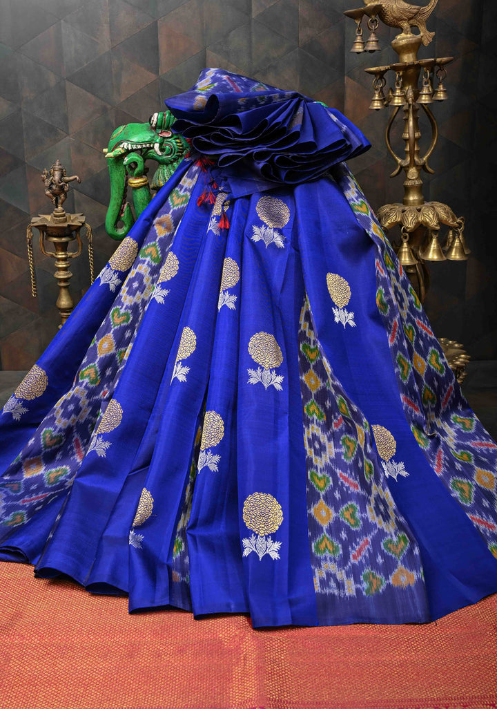 Borderless Navy Blue Ikkat Panel Kanjivaram Silk Saree With Floral Alfi Buttas | SILK MARK CERTIFIED