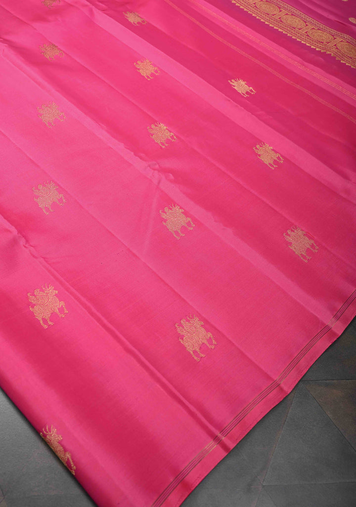 Pure Zari Borderless Taffy Pink Kanjivaram Silk Saree with deer motifs | SILK MARK CERTIFIED