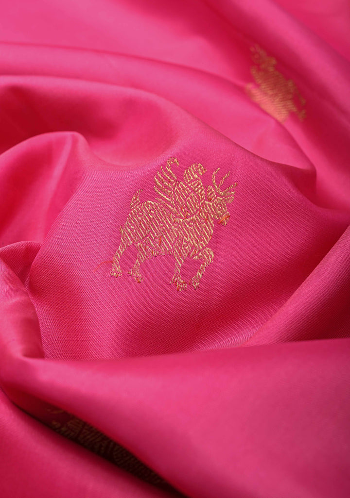 Pure Zari Borderless Taffy Pink Kanjivaram Silk Saree with deer motifs | SILK MARK CERTIFIED