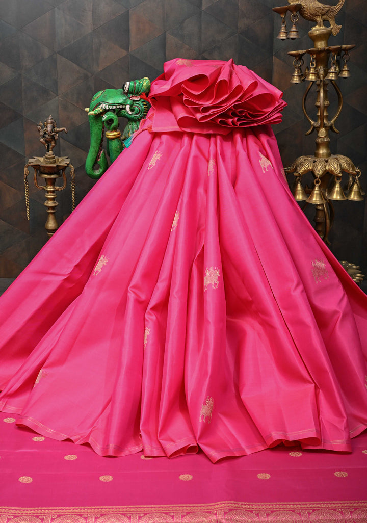 Pure Zari Borderless Taffy Pink Kanjivaram Silk Saree with deer motifs | SILK MARK CERTIFIED