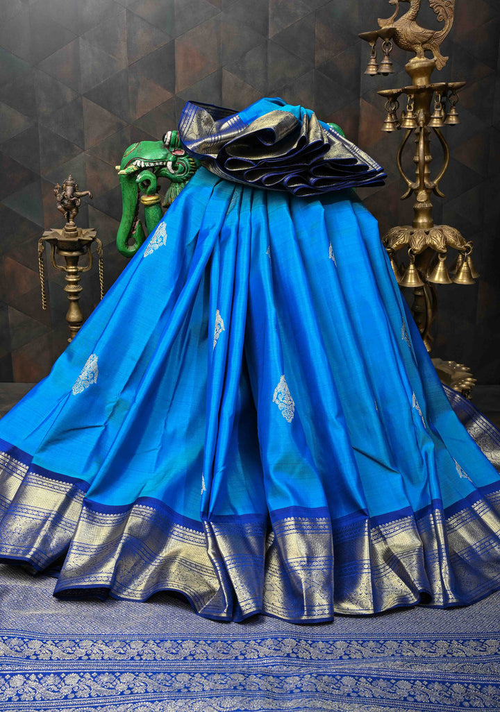 Azure Blue Kanjivaram Pure Silk Saree with Zari Buttas and Contrast Zari Border  | SILK MARK CERTIFIED