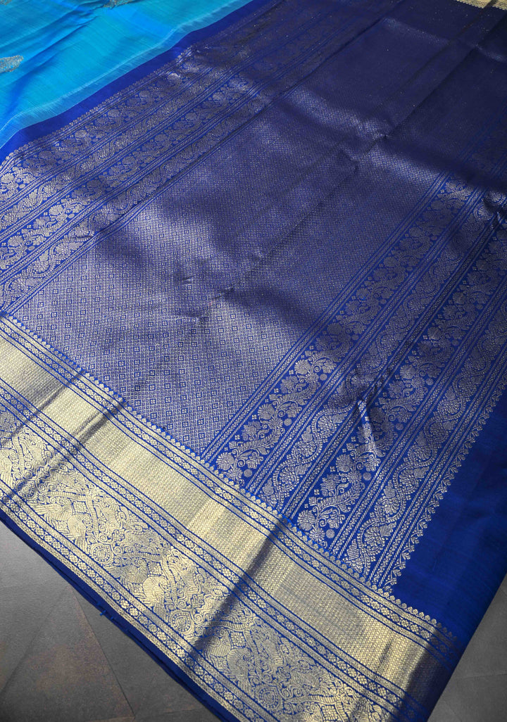 Azure Blue Kanjivaram Pure Silk Saree with Zari Buttas and Contrast Zari Border  | SILK MARK CERTIFIED
