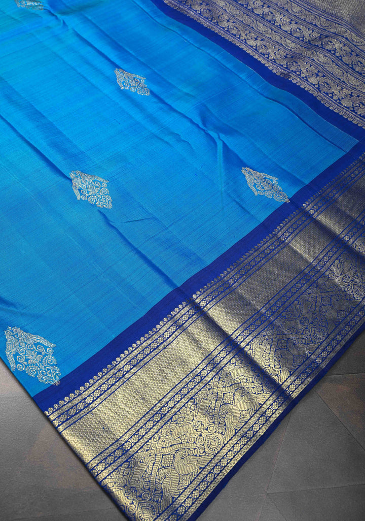 Azure Blue Kanjivaram Pure Silk Saree with Zari Buttas and Contrast Zari Border  | SILK MARK CERTIFIED
