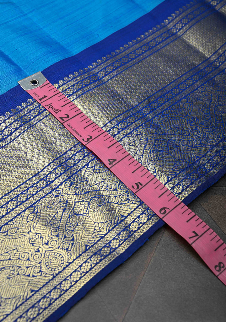Azure Blue Kanjivaram Pure Silk Saree with Zari Buttas and Contrast Zari Border  | SILK MARK CERTIFIED