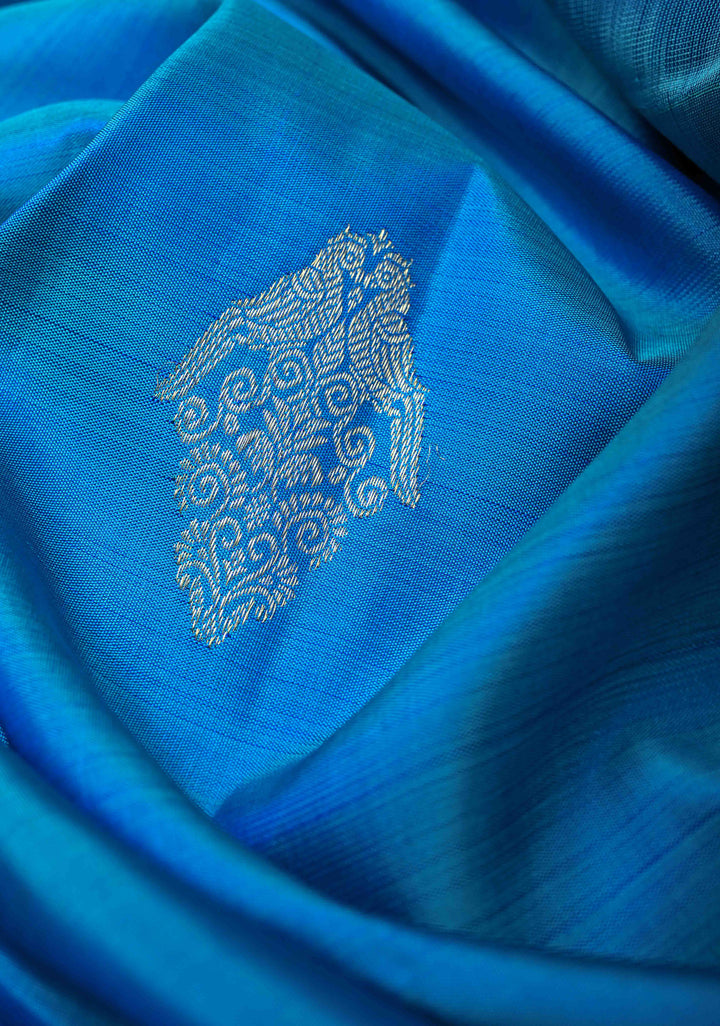 Azure Blue Kanjivaram Pure Silk Saree with Zari Buttas and Contrast Zari Border  | SILK MARK CERTIFIED