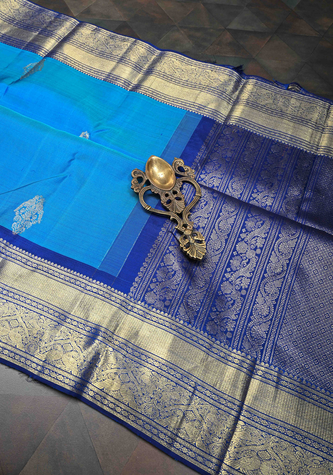 Azure Blue Kanjivaram Pure Silk Saree with Zari Buttas and Contrast Zari Border  | SILK MARK CERTIFIED
