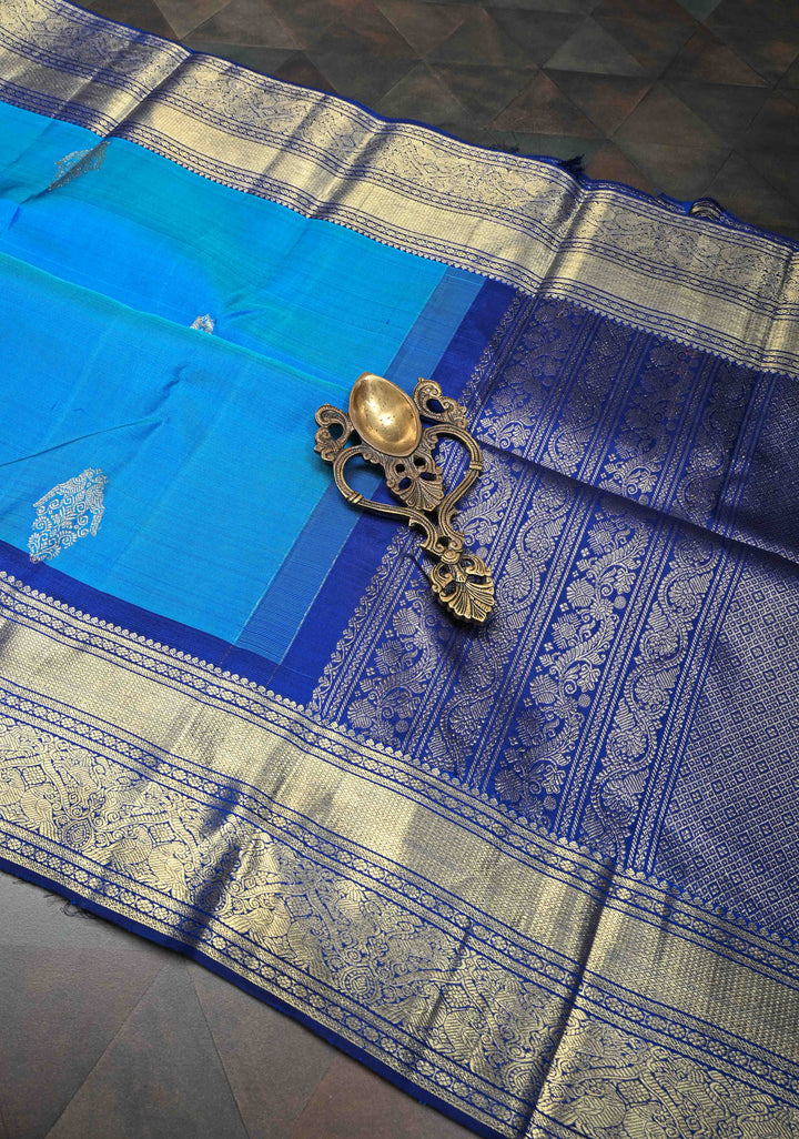 Azure Blue Kanjivaram Pure Silk Saree with Zari Buttas and Contrast Zari Border  | SILK MARK CERTIFIED