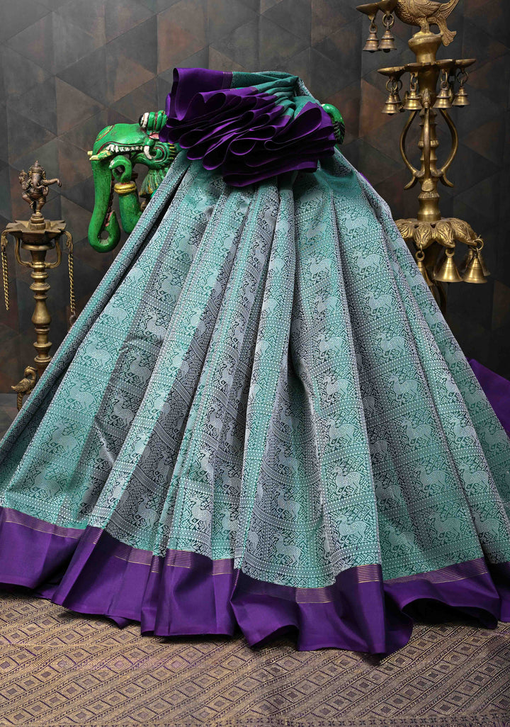 Teal green Patola Design Deer  Brocade  Kanjivaram Silk Saree with Contrast Border | SILK MARK CERTIFIED
