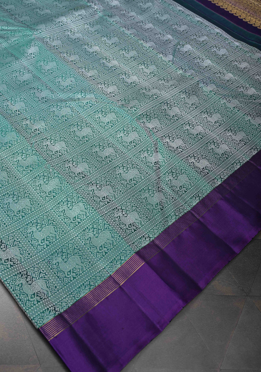 Teal green Patola Design Deer  Brocade  Kanjivaram Silk Saree with Contrast Border | SILK MARK CERTIFIED