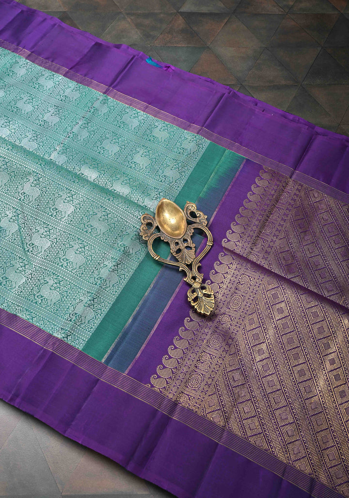 Teal green Patola Design Deer  Brocade  Kanjivaram Silk Saree with Contrast Border | SILK MARK CERTIFIED