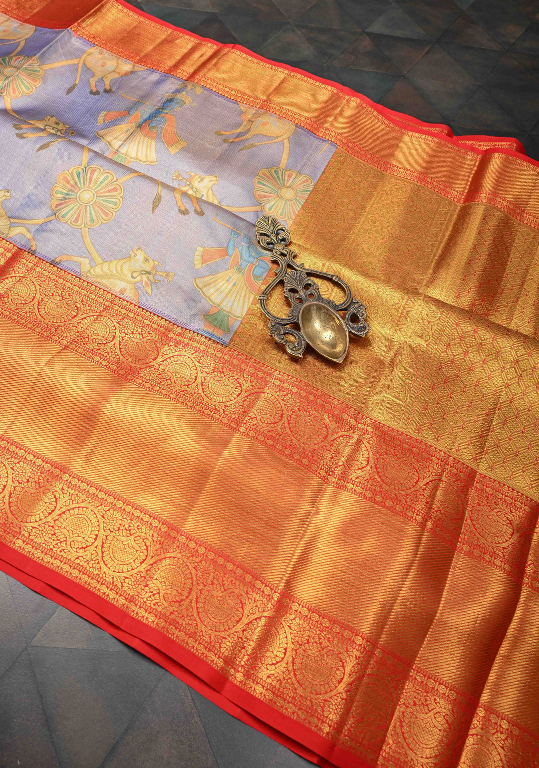 Lilac Tissue Kanjivaram Silk Saree with Krishna, Pichwai Kalamkari Digital Print and Contrast Zari Border | SILK MARK CERTIFIED