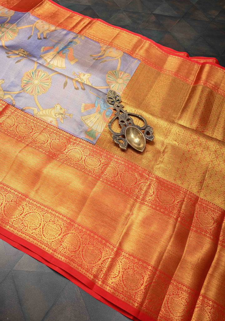 Lilac Tissue Kanjivaram Silk Saree with Krishna, Pichwai Kalamkari Digital Print and Contrast Zari Border | SILK MARK CERTIFIED