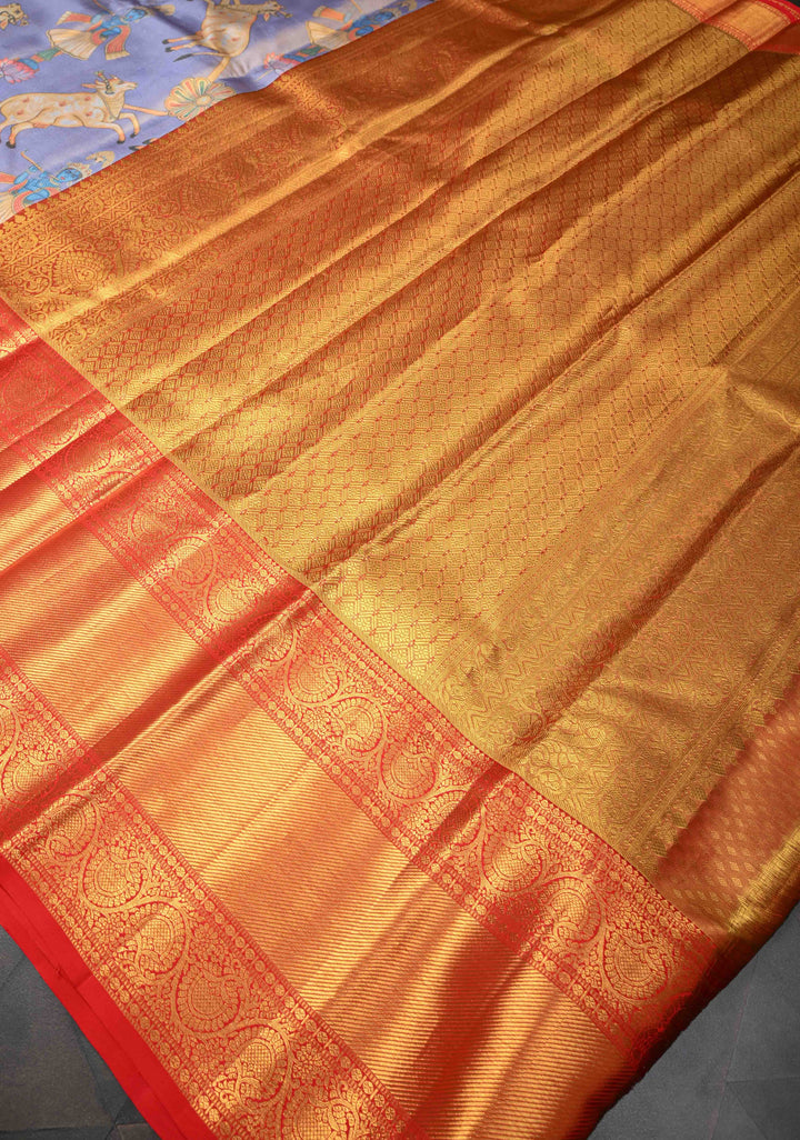 Lilac Tissue Kanjivaram Silk Saree with Krishna, Pichwai Kalamkari Digital Print and Contrast Zari Border | SILK MARK CERTIFIED