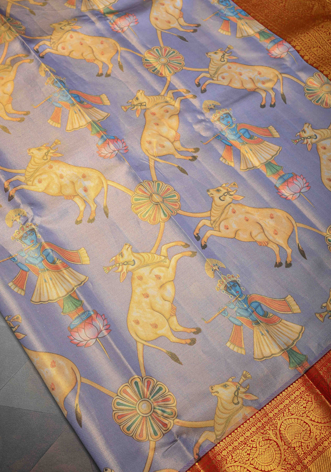 Lilac Tissue Kanjivaram Silk Saree with Krishna, Pichwai Kalamkari Digital Print and Contrast Zari Border | SILK MARK CERTIFIED