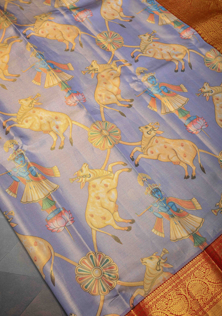 Lilac Tissue Kanjivaram Silk Saree with Krishna, Pichwai Kalamkari Digital Print and Contrast Zari Border | SILK MARK CERTIFIED