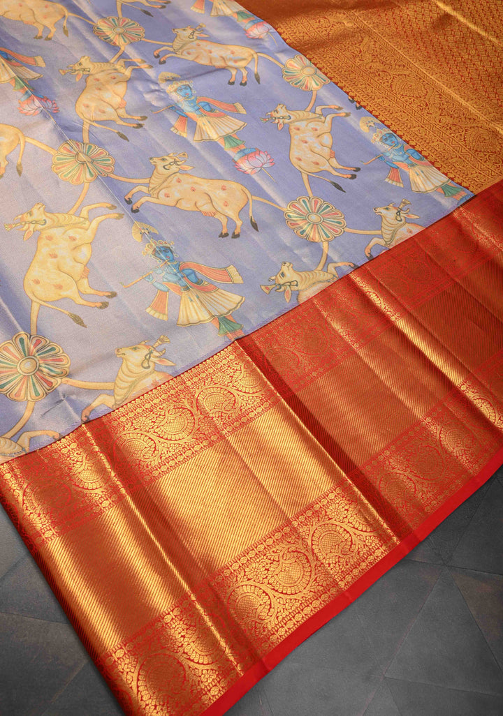 Lilac Tissue Kanjivaram Silk Saree with Krishna, Pichwai Kalamkari Digital Print and Contrast Zari Border | SILK MARK CERTIFIED