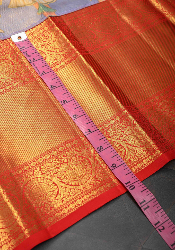 Lilac Tissue Kanjivaram Silk Saree with Krishna, Pichwai Kalamkari Digital Print and Contrast Zari Border | SILK MARK CERTIFIED
