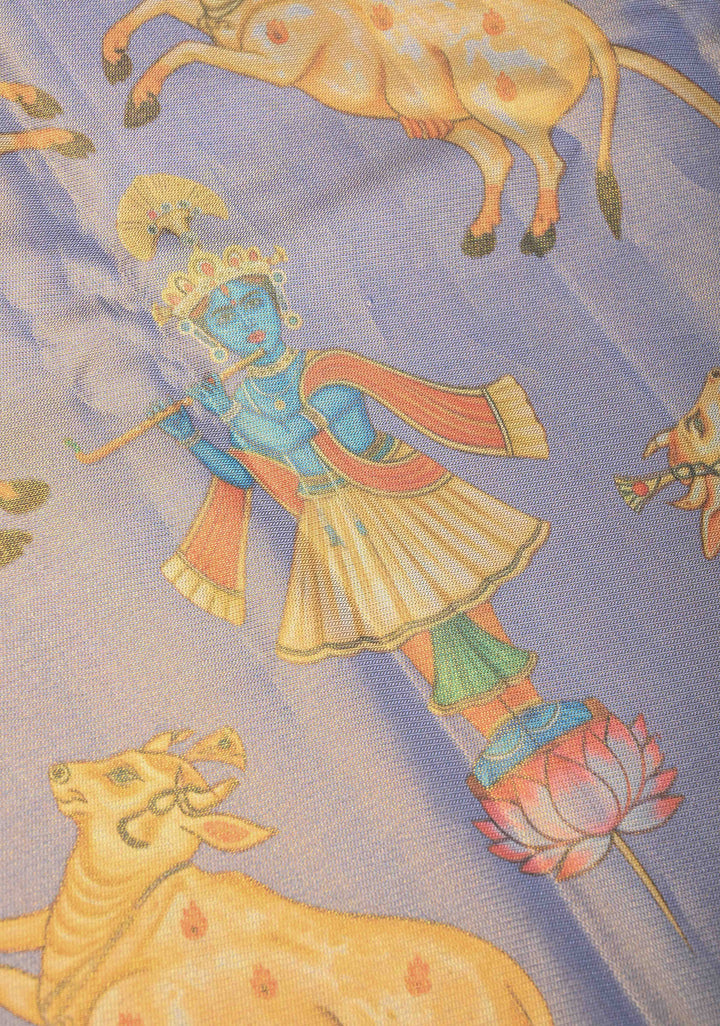 Lilac Tissue Kanjivaram Silk Saree with Krishna, Pichwai Kalamkari Digital Print and Contrast Zari Border | SILK MARK CERTIFIED
