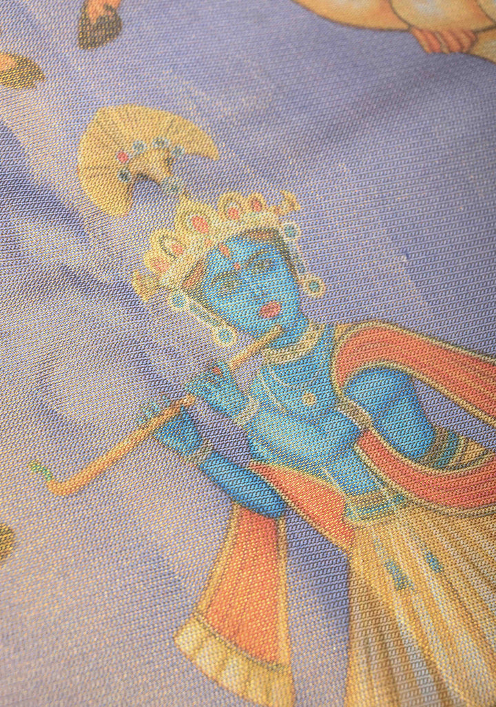 Lilac Tissue Kanjivaram Silk Saree with Krishna, Pichwai Kalamkari Digital Print and Contrast Zari Border | SILK MARK CERTIFIED