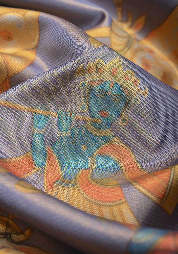 Lilac Tissue Kanjivaram Silk Saree with Krishna, Pichwai Kalamkari Digital Print and Contrast Zari Border | SILK MARK CERTIFIED