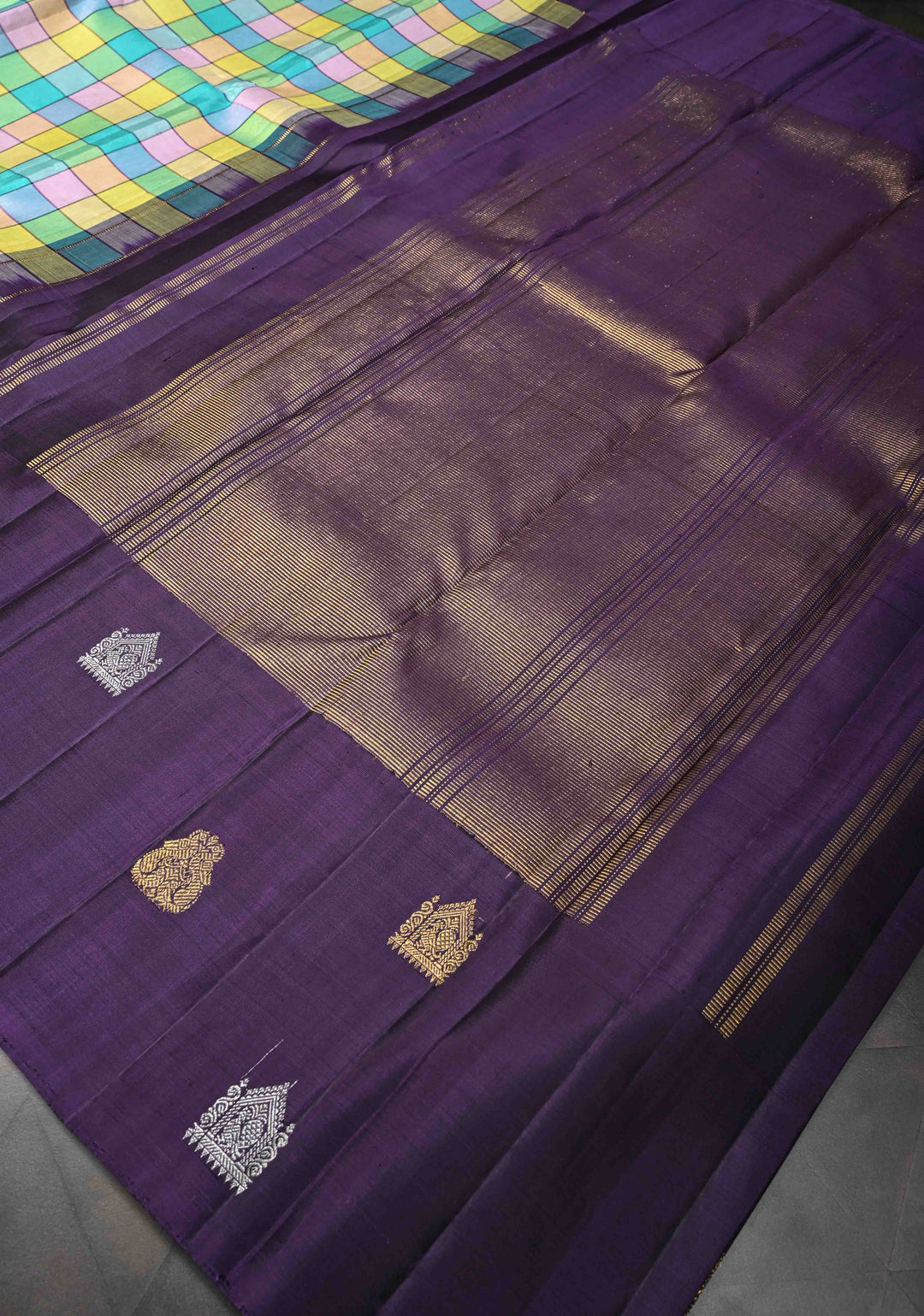 Multicolor Checks Pattern Kanjivaram Silk Saree With Distinct Sona Rupa Motifs on Contrast Border | SILK MARK CERTIFIED