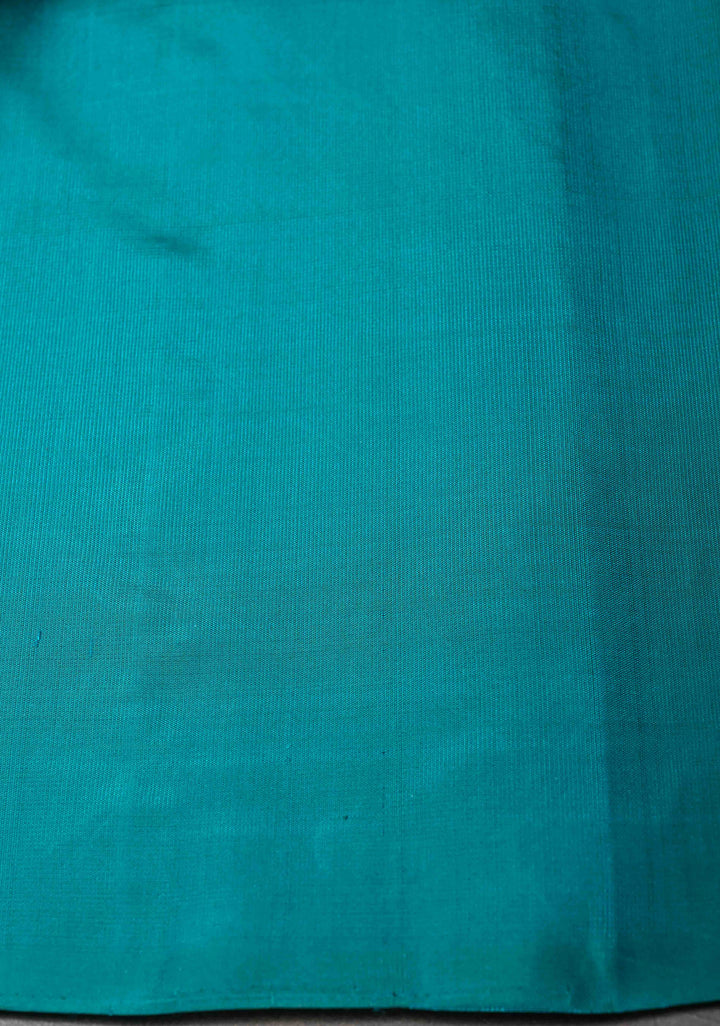 Borderless Dark Turquoise Kanjivaram Soft Silk Saree With Zari Buttas | SILK MARK CERTIFIED