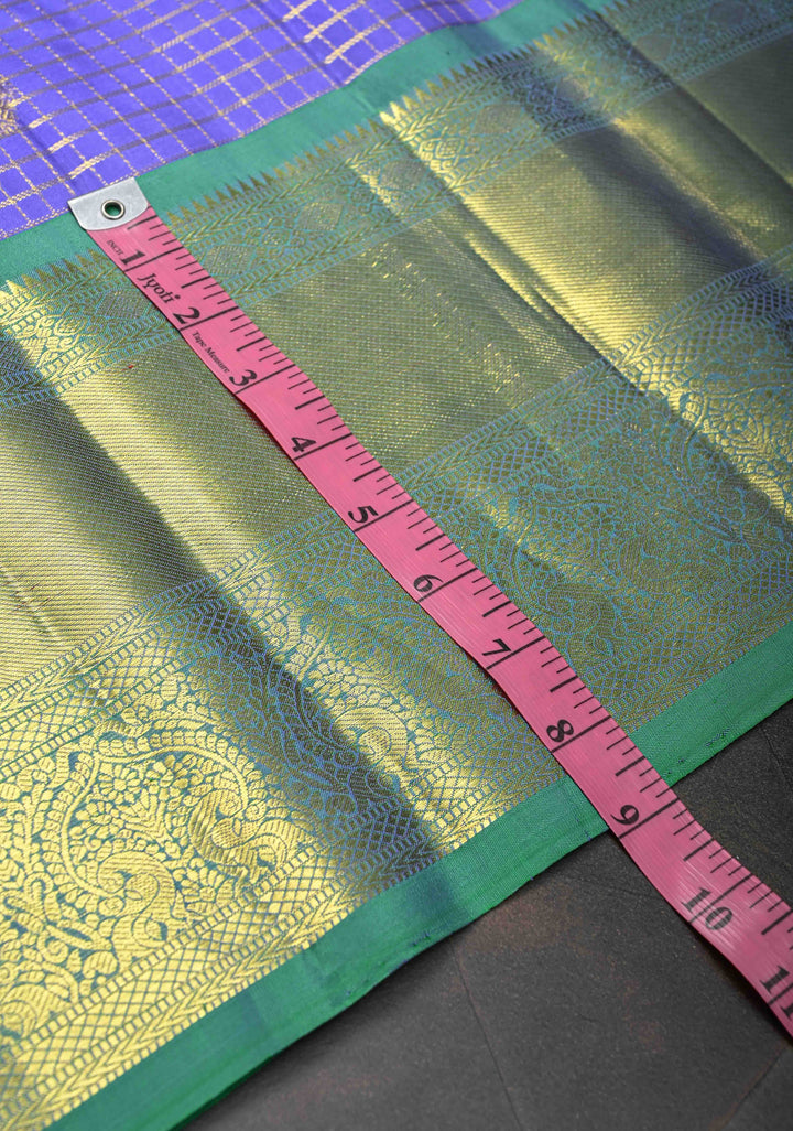 Pre-Order: Pure silver Jari Lavendra Checks Pattern Kanjivaram Silk Saree With Zari Buttas And Contrast Zari Border | SILK MARK CERTIFIED