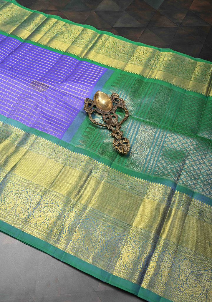 Pre-Order: Pure silver Jari Lavendra Checks Pattern Kanjivaram Silk Saree With Zari Buttas And Contrast Zari Border | SILK MARK CERTIFIED