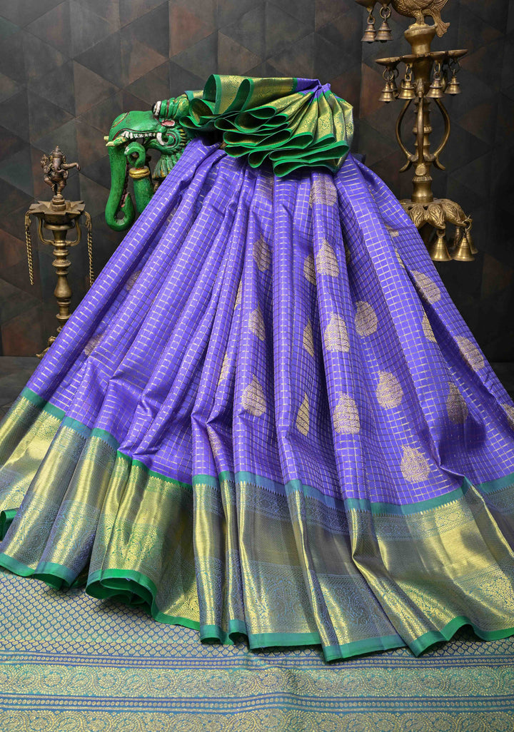 Pre-Order: Pure silver Jari Lavendra Checks Pattern Kanjivaram Silk Saree With Zari Buttas And Contrast Zari Border | SILK MARK CERTIFIED
