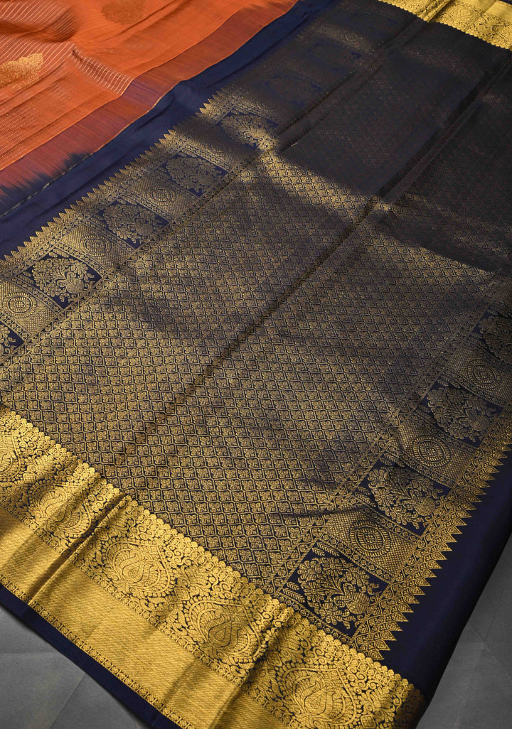 Rust Orange Vertical Zari Stripes on Pure Kanjivaram Silk Saree with Damask Buttas and Zari Border | SILK MARK CERTIFIED