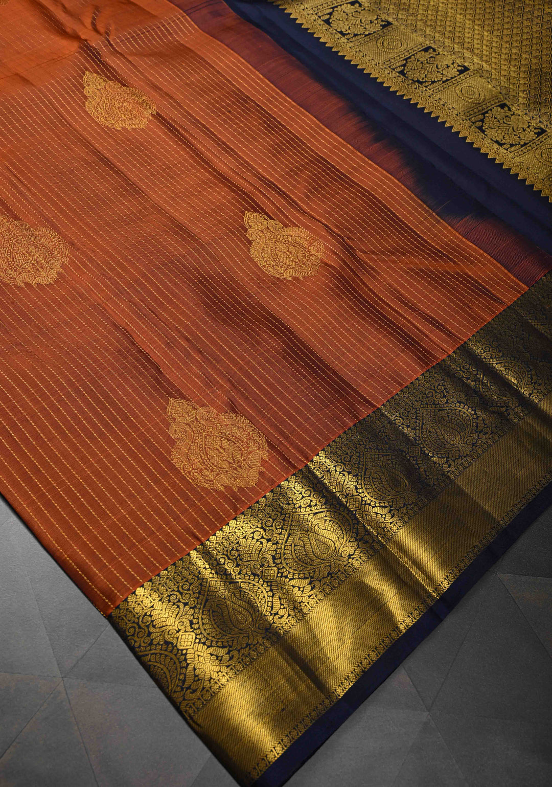 Rust Orange Vertical Zari Stripes on Pure Kanjivaram Silk Saree with Damask Buttas and Zari Border | SILK MARK CERTIFIED