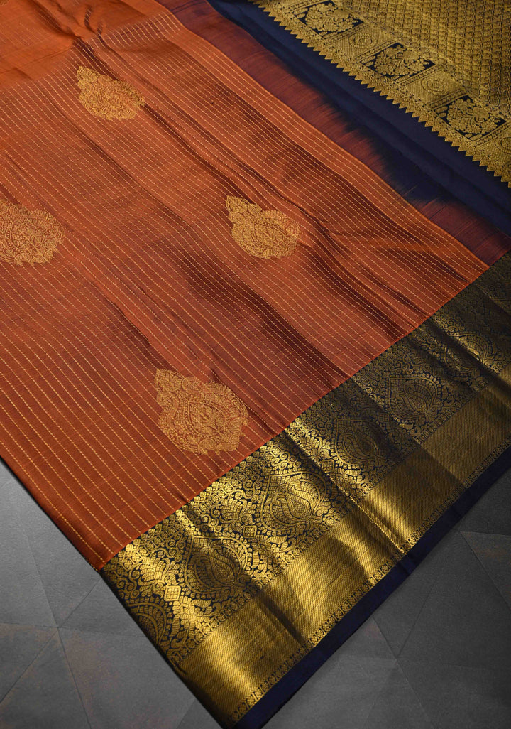 Rust Orange Vertical Zari Stripes on Pure Kanjivaram Silk Saree with Damask Buttas and Zari Border | SILK MARK CERTIFIED
