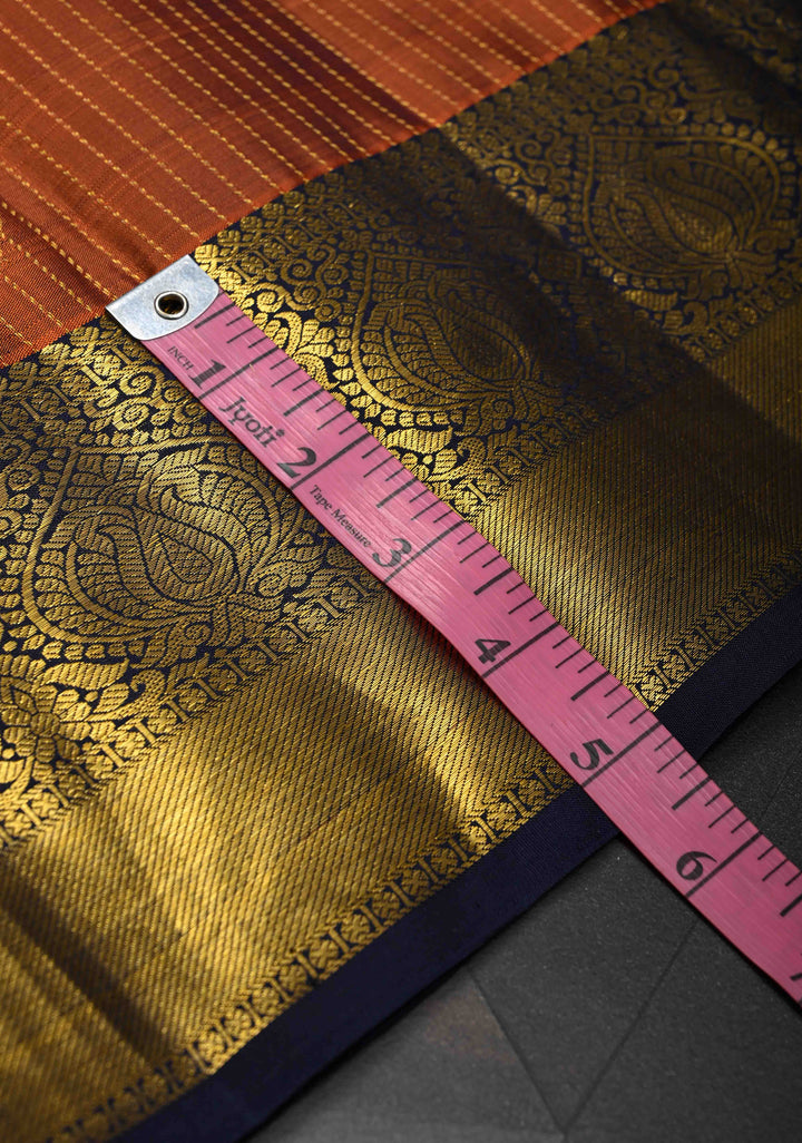 Rust Orange Vertical Zari Stripes on Pure Kanjivaram Silk Saree with Damask Buttas and Zari Border | SILK MARK CERTIFIED